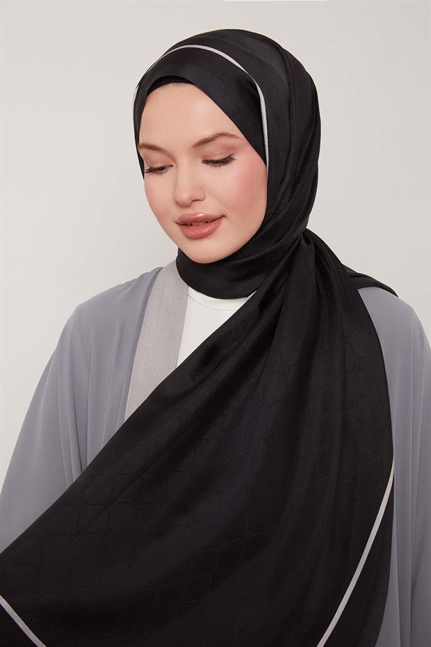 Koyu Lacivert Kenar Çizgili Monogram İpek Şal