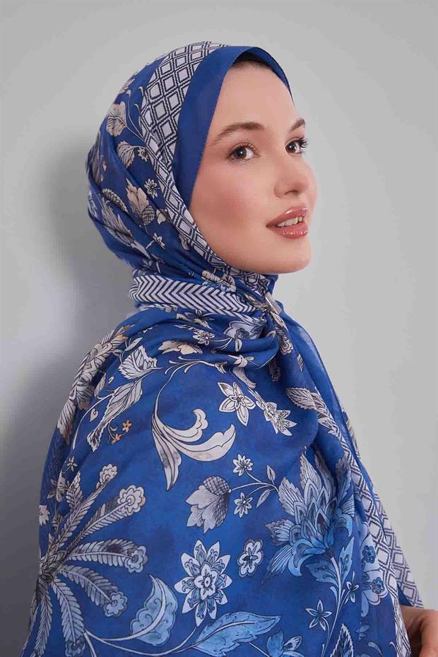 Koyu Mavi Lale Desen Sport Şal