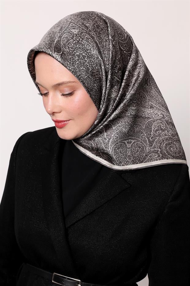 Koyu Gri Soyut Etnik Desen Twill İpek Eşarp