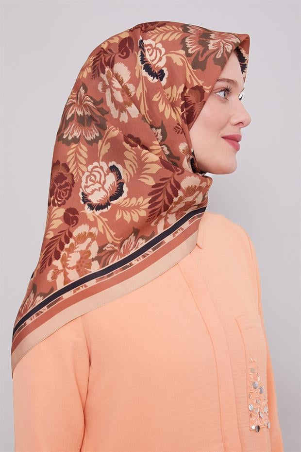 Koyu Vizon Gül Desen Aura Eşarp