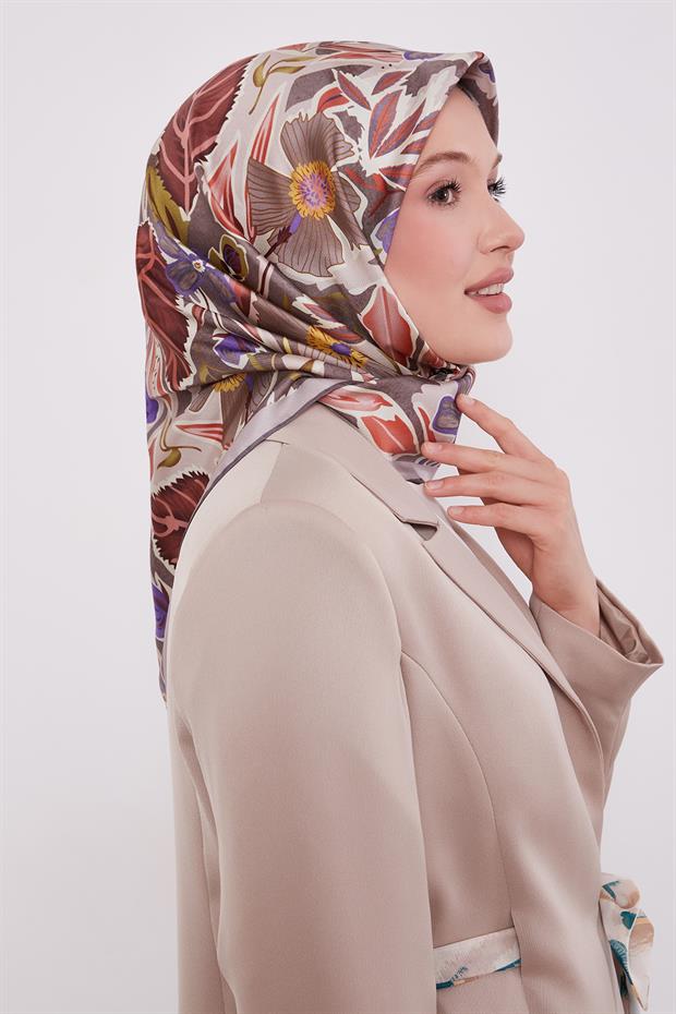 Koyu Gri Petunya Desen Twill İpek Eşarp