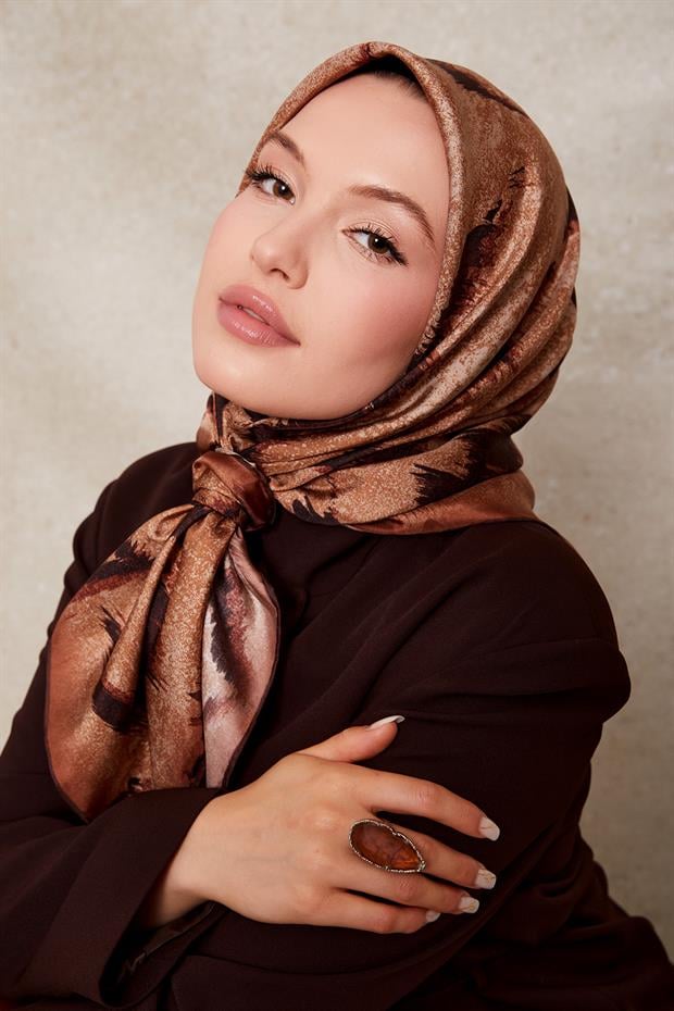 Koyu Kahve Zigzag Spor Desen Twill İpek Eşarp