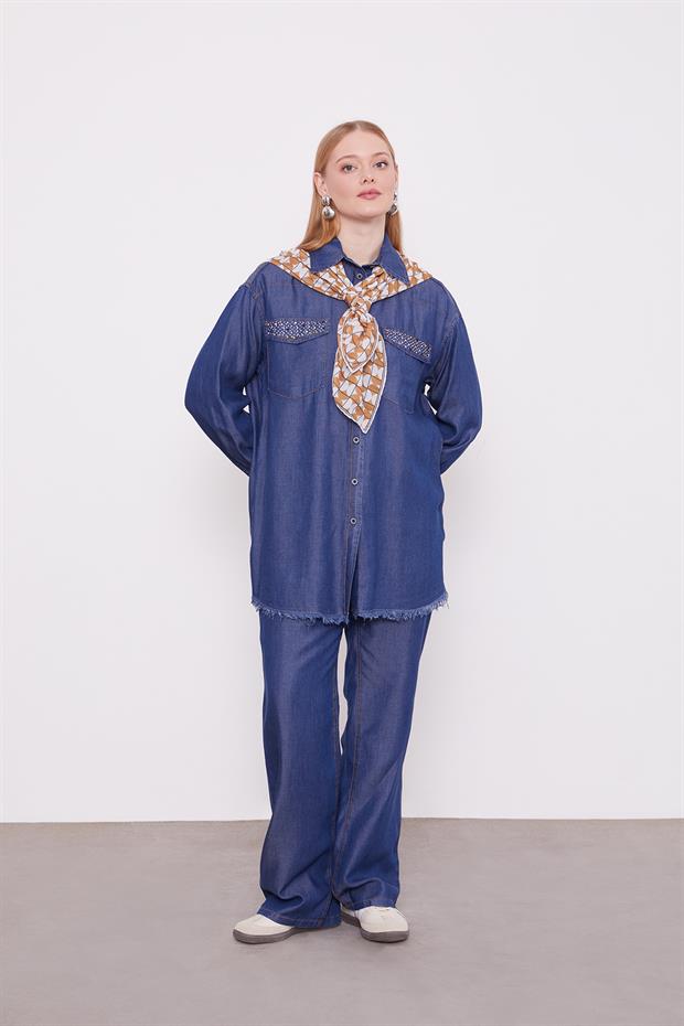 Koyu Mavi Cep Taşlı Denim İkili Takım