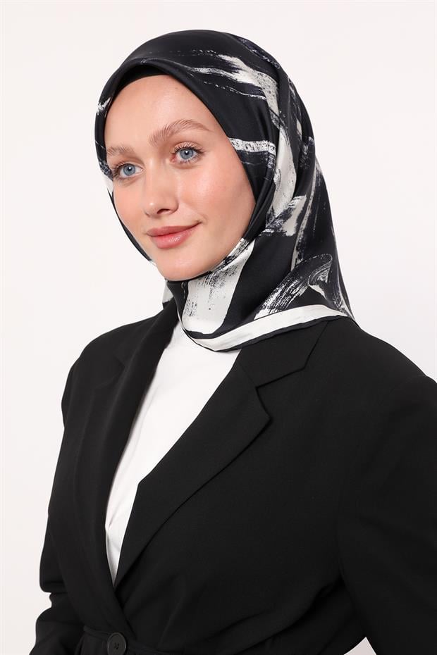 Koyu Lacivert Fırça İzi Desen Twill İpek Eşarp