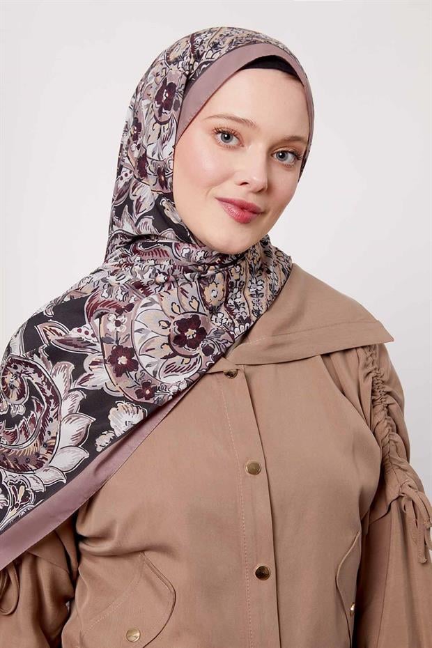 Koyu Vizon Soyut Çiçek Desen Love Şal