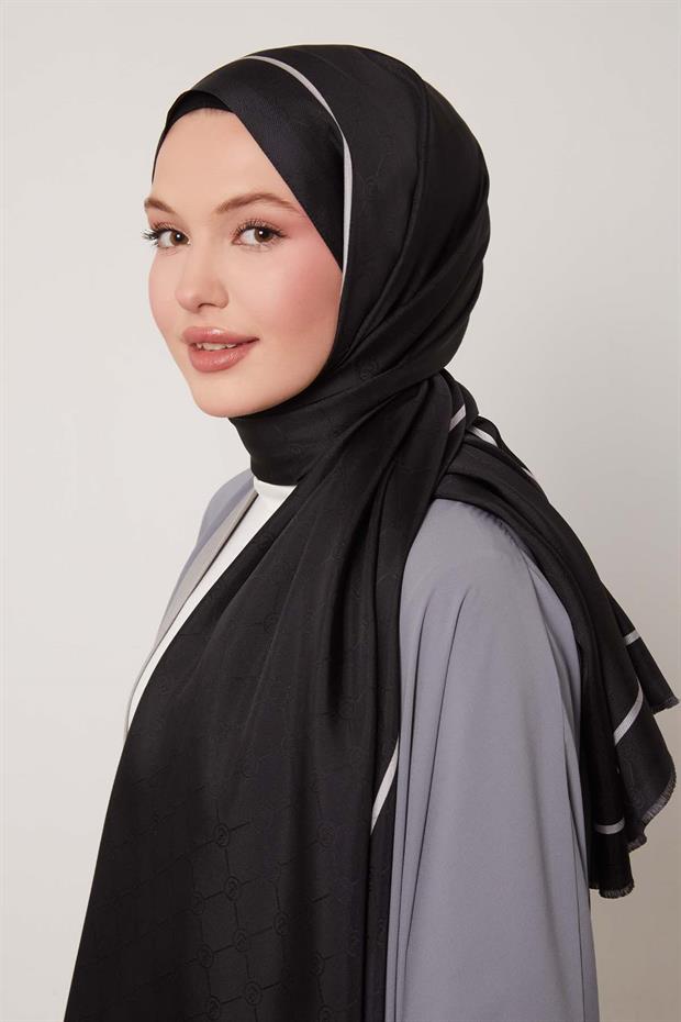 Koyu Lacivert Kenar Çizgili Monogram İpek Şal