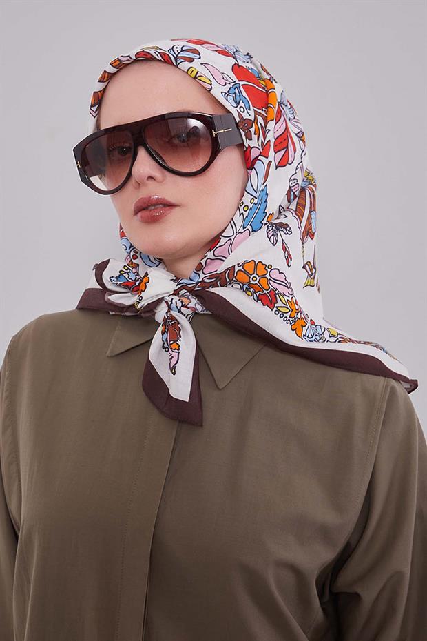 Koyu Kahve Çiçek Yaprak Desen Aura Eşarp