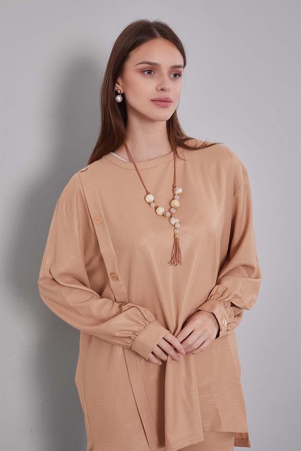 Koyu Bej Bisiklet Yaka Düğme Detaylı İkili Takım