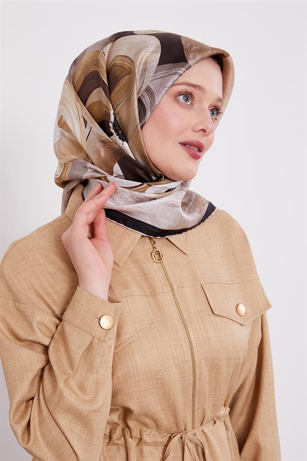 Koyu Vizon Menekşe Desen Twill İpek Eşarp