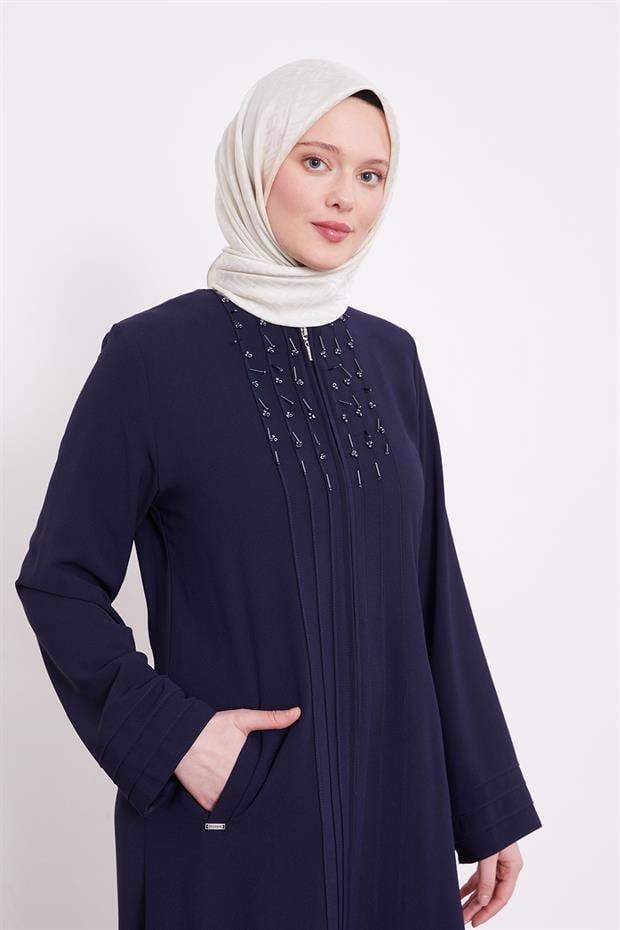 Koyu Lacivert Yaka Şerit Detaylı Ferace
