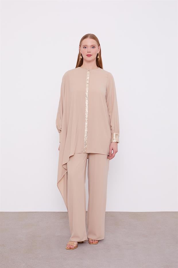 Koyu Bej Payet Detay Tunik Takım