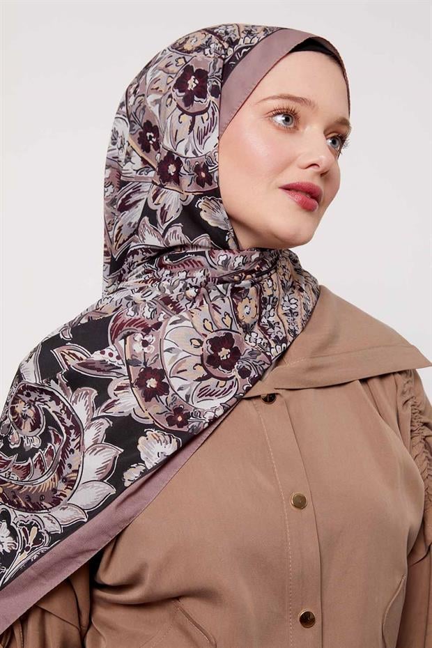 Koyu Vizon Soyut Çiçek Desen Love Şal