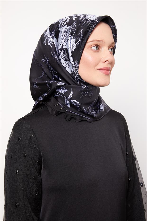 Koyu Lacivert Soyut Gül Desen Twill İpek Eşarp