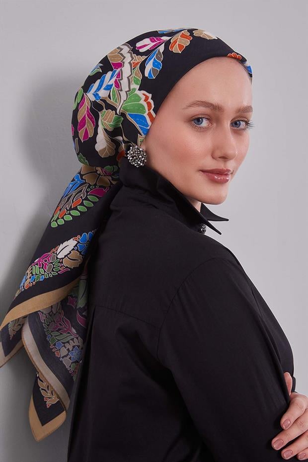 Koyu Vizon Çiçek Yaprak Desen Aura Eşarp