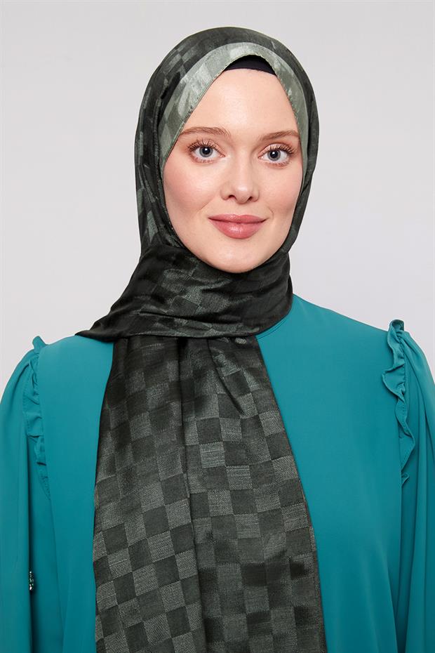 Koyu Yeşil Dama Desen Monogram Şal