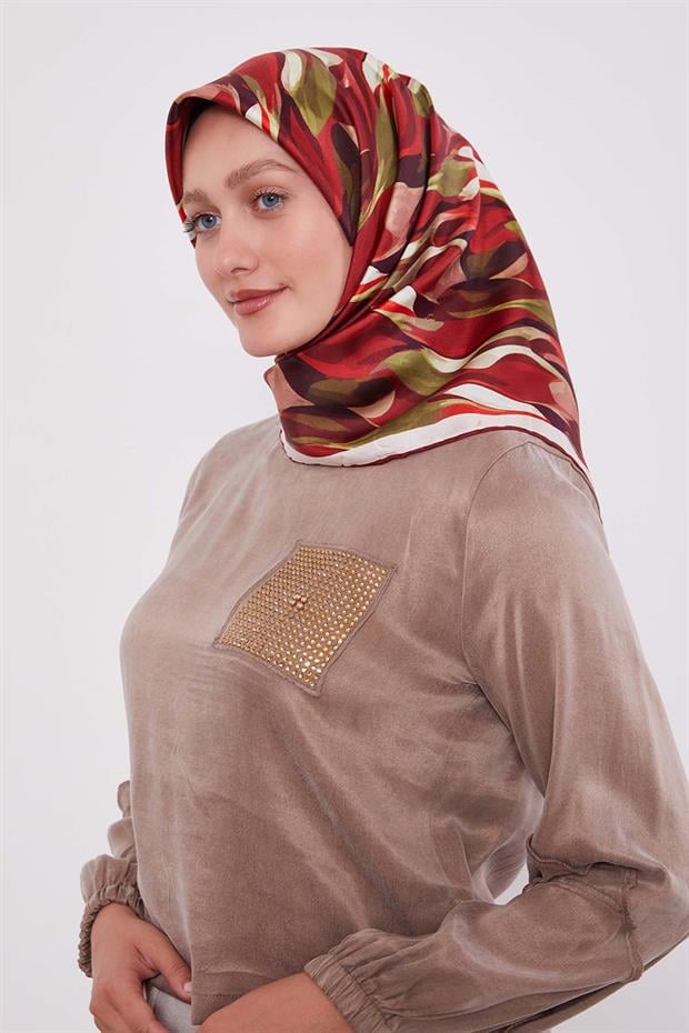 Koyu Bordo Ebruli Desen Twill İpek Eşarp