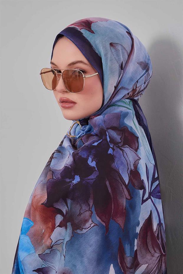 Koyu Lacivert Zambak Baskılı Sport Şal