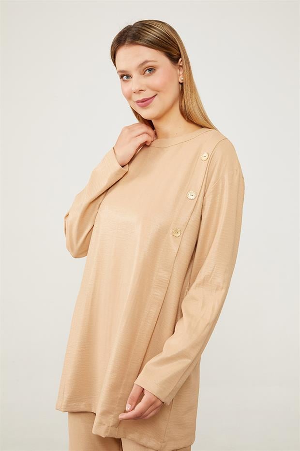 Koyu Bej Düğme Detaylı Bisiklet Yaka İkili Takım