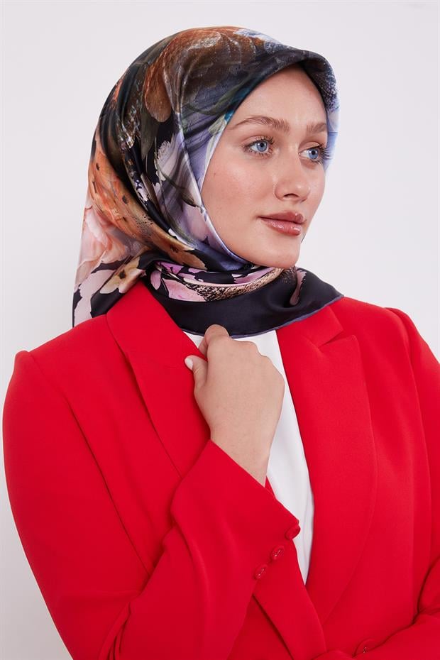 K.Lacivert Çiçek Desen Sura İpek Eşarp