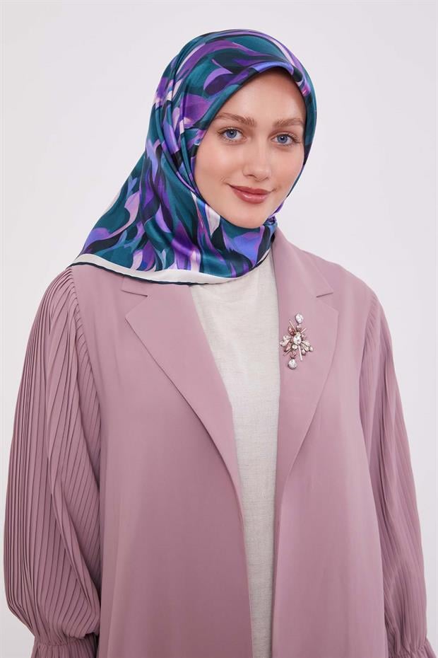 Koyu Yeşil Ebruli Desen Twill İpek Eşarp