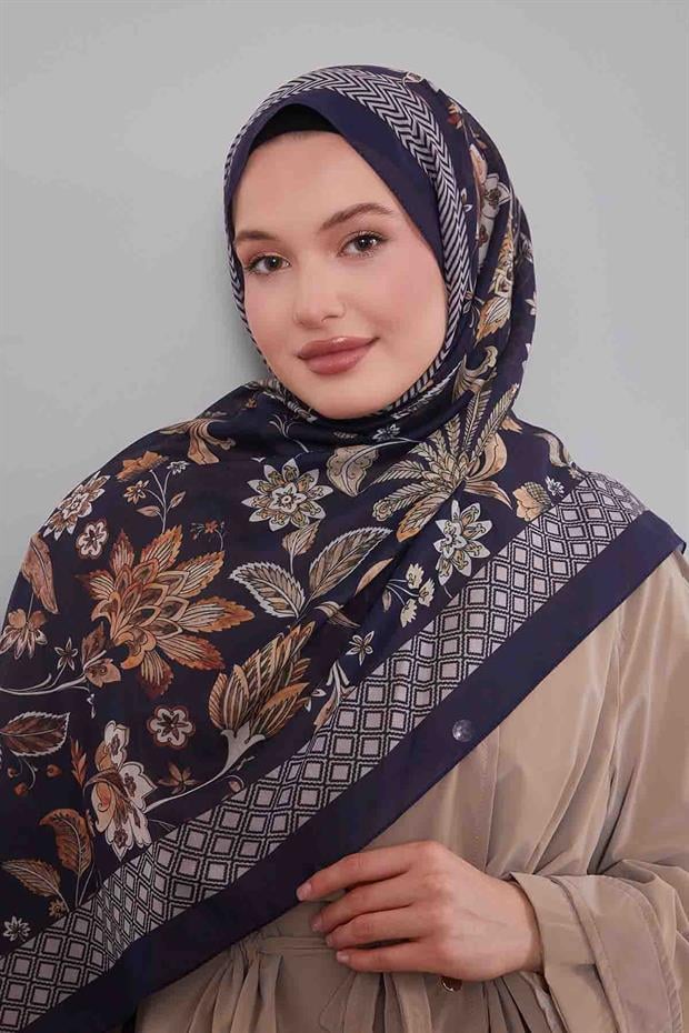 Koyu Lacivert Lale Desen Sport Şal