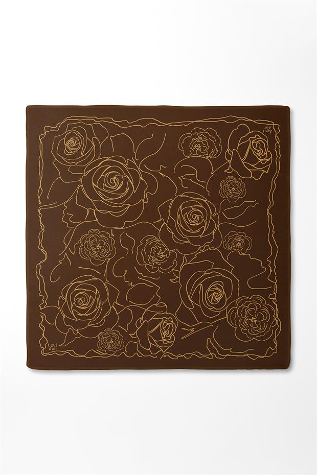 Koyu Kahve Gül Desen Twill İpek Eşarp