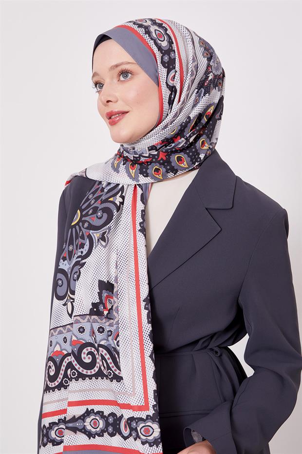 Koyu Gri Kenar Benek Desen Hint İpeği Şal