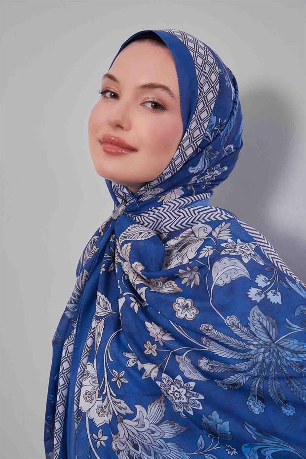 Koyu Mavi Lale Desen Sport Şal
