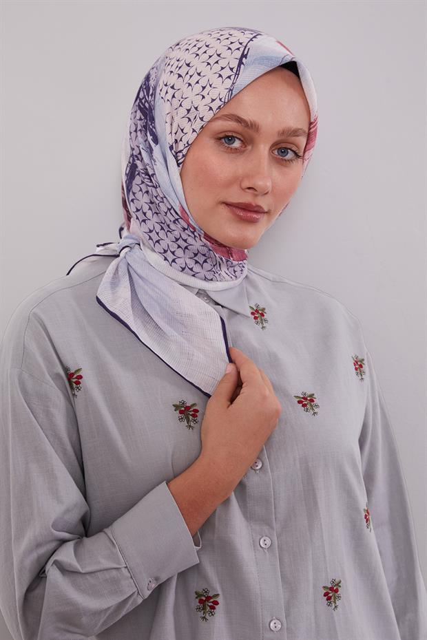 Koyu Lacivert Etnik Desen Pamuk Eşarp