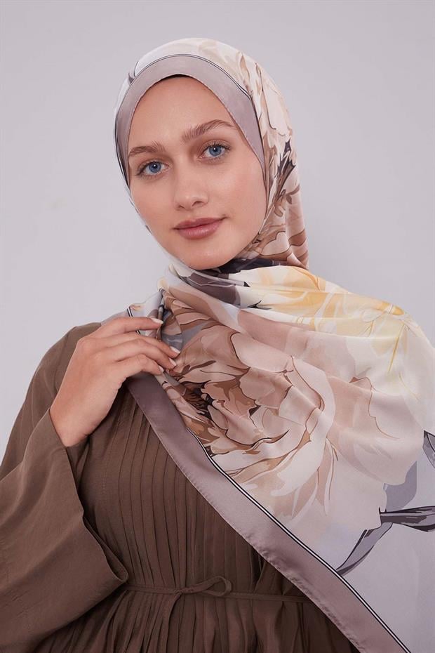 Koyu Vizon Lotus Desen Hint İpeği Şal