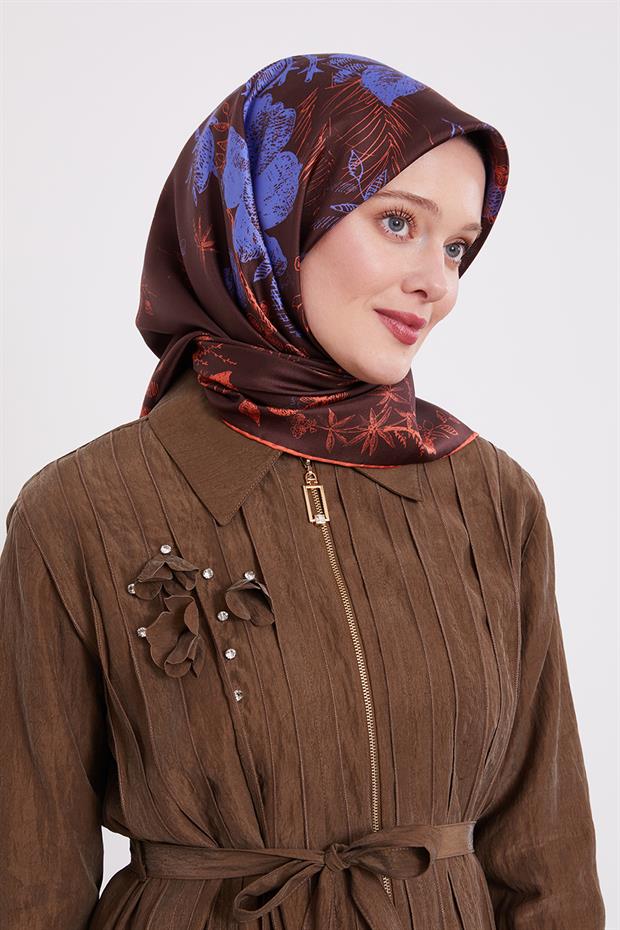 Koyu Bordo Soyut Gül Desen Twill İpek Eşarp