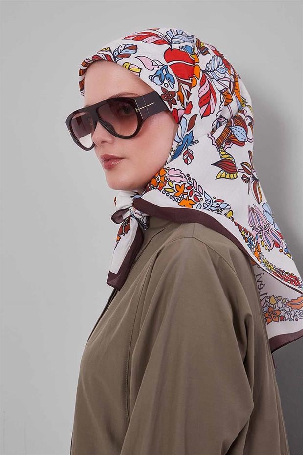 Koyu Kahve Çiçek Yaprak Desen Aura Eşarp