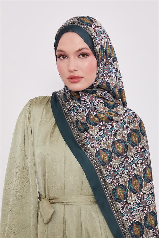 Koyu Yeşil Yansıma Desen Hint İpeği Şal