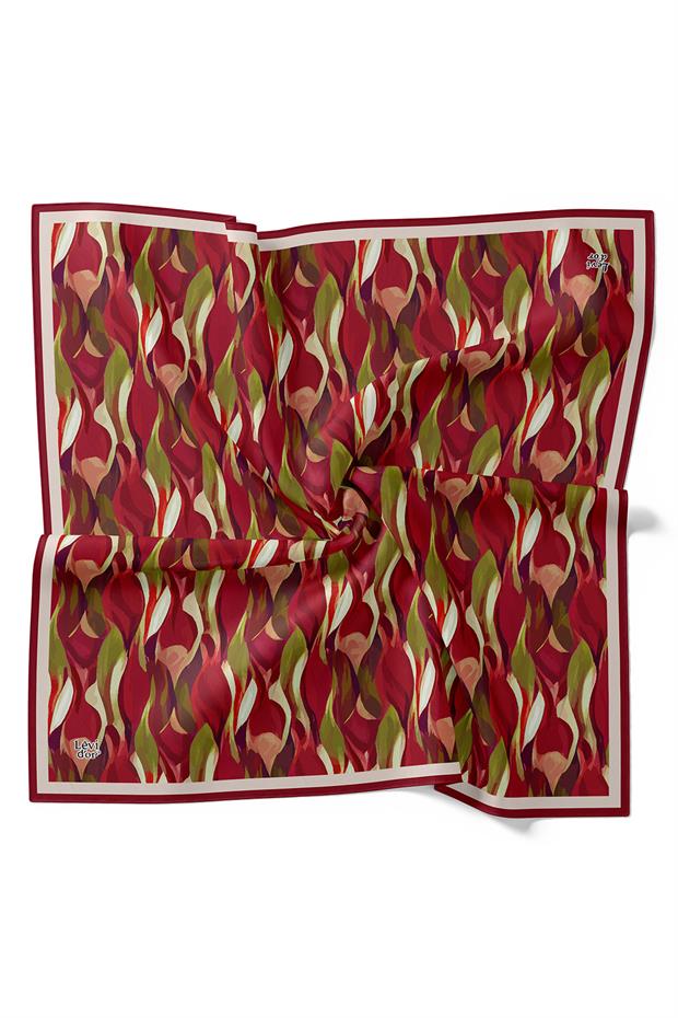 Koyu Bordo Ebruli Desen Twill İpek Eşarp