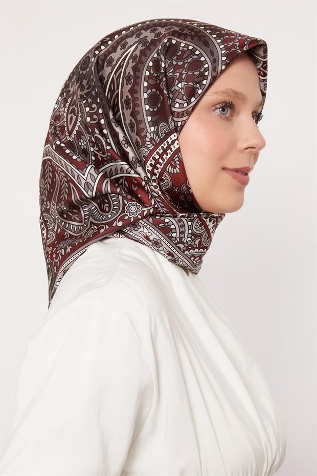 Koyu Bordo Karışık Hint Desen Twill İpek Eşarp