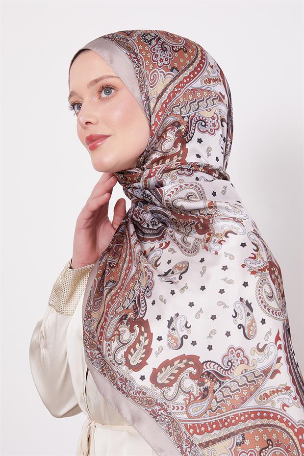 Koyu Vizon Karışık Desenal Hint İpeği Şal