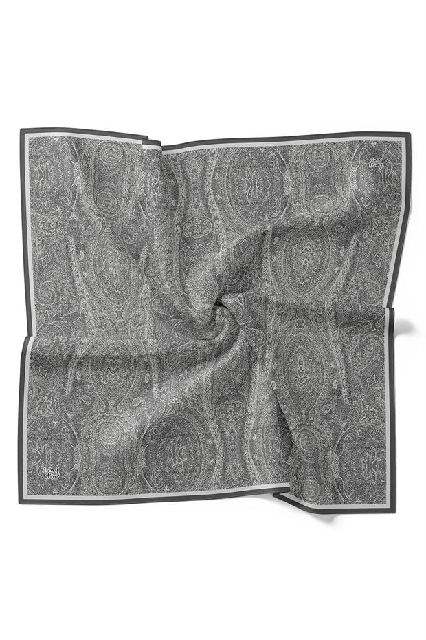 Koyu Gri Soyut Etnik Desen Twill İpek Eşarp