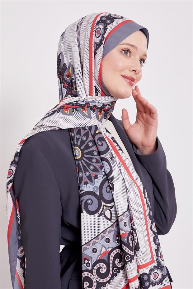 Koyu Gri Kenar Benek Desen Hint İpeği Şal