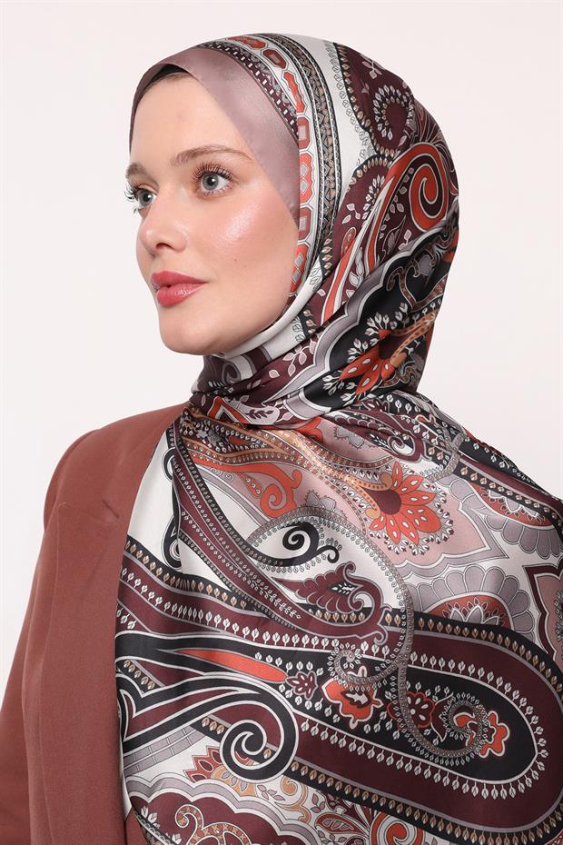 Koyu Bej Kenar Desen Hint İpeği Şal