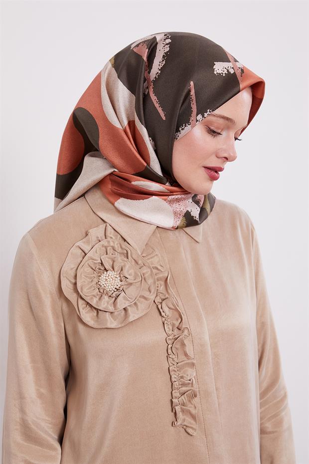 Koyu Vizon Yuvarlak Desen Twill İpek Eşarp