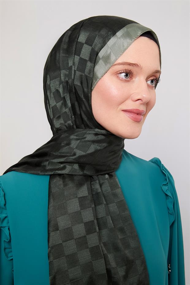 Koyu Yeşil Dama Desen Monogram Şal