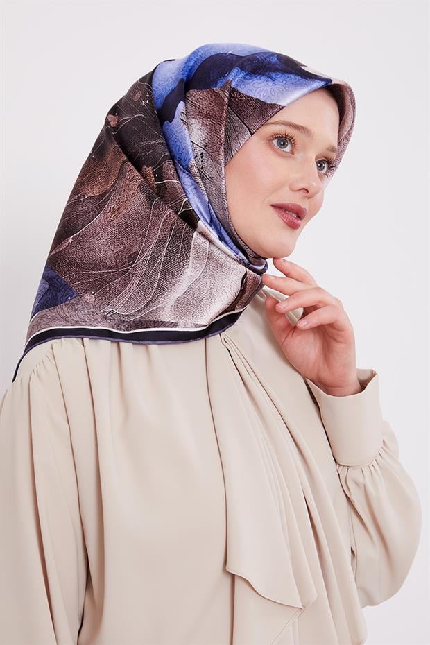 Koyu Lacivert Soyut Ebruli Desen Twill İpek Eşarp