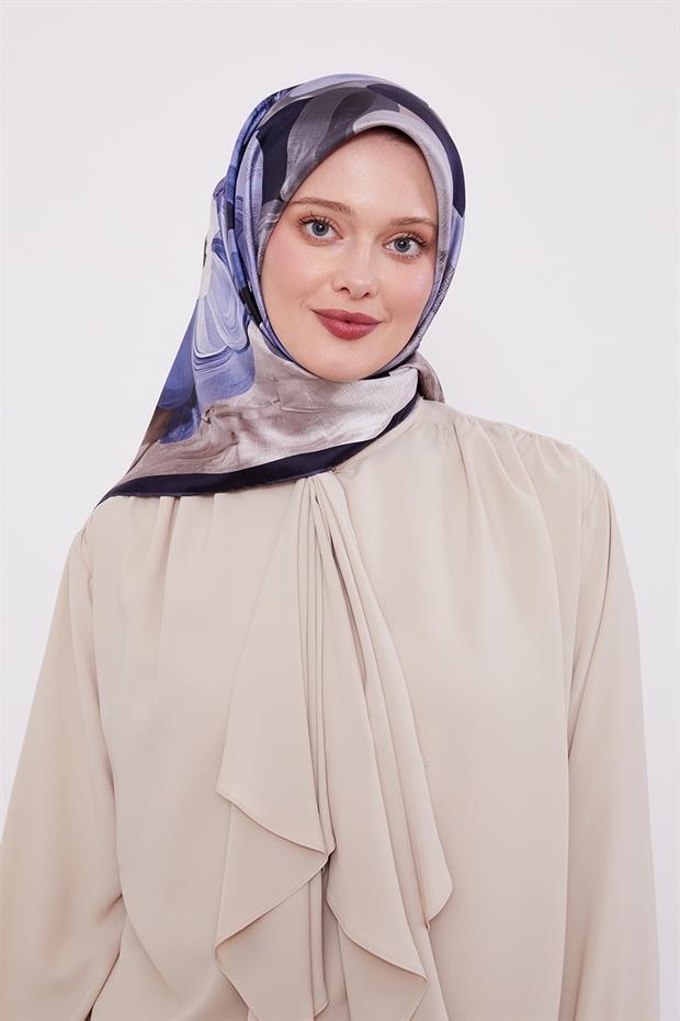 Koyu Lacivert Menekşe Desen Twill İpek Eşarp