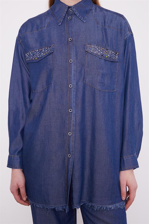 Koyu Mavi Cep Taşlı Denim İkili Takım