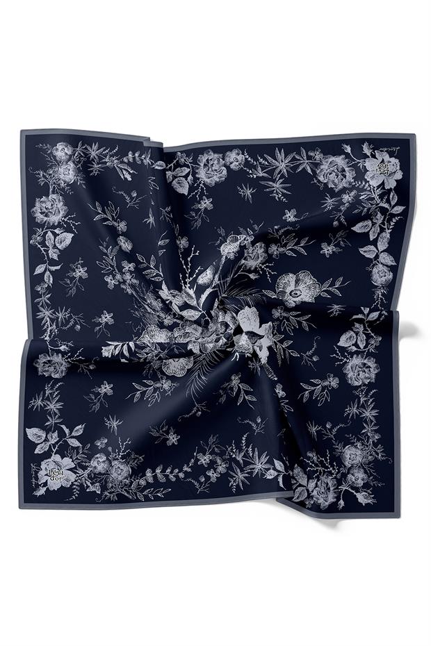 Koyu Lacivert Soyut Gül Desen Twill İpek Eşarp