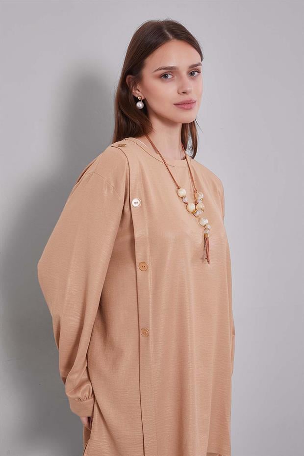 Koyu Bej Bisiklet Yaka Düğme Detaylı İkili Takım