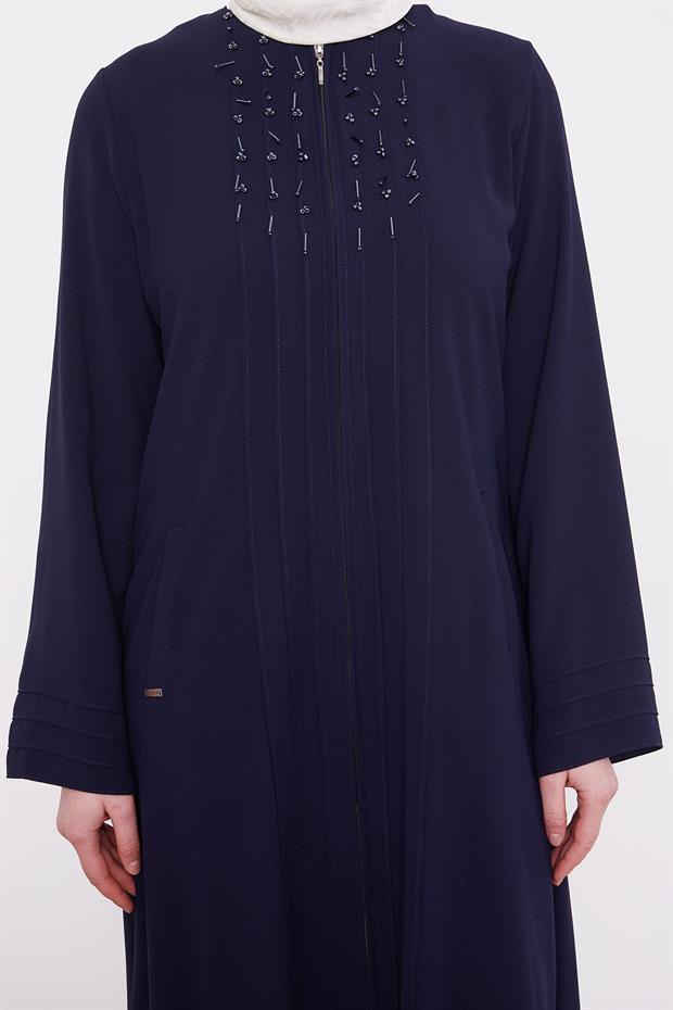 Koyu Lacivert Yaka Şerit Detaylı Ferace