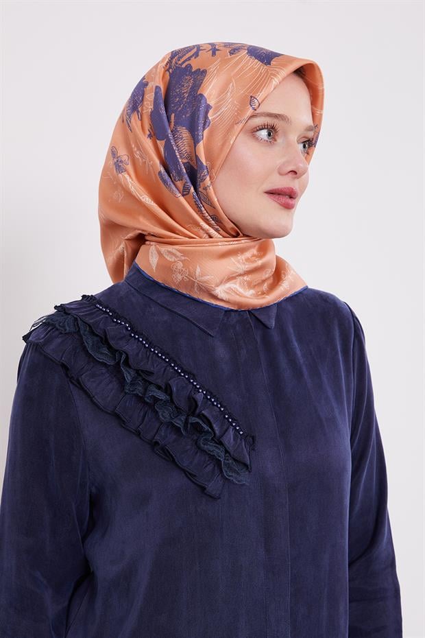 Koyu Somon Soyut Gül Desen Twill İpek Eşarp