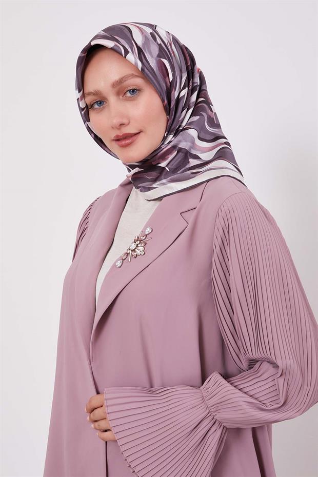 Koyu Mor Ebruli Desen Twill İpek Eşarp