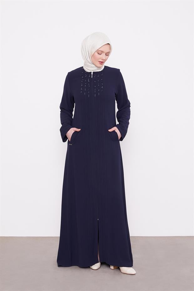 Koyu Lacivert Yaka Şerit Detaylı Ferace